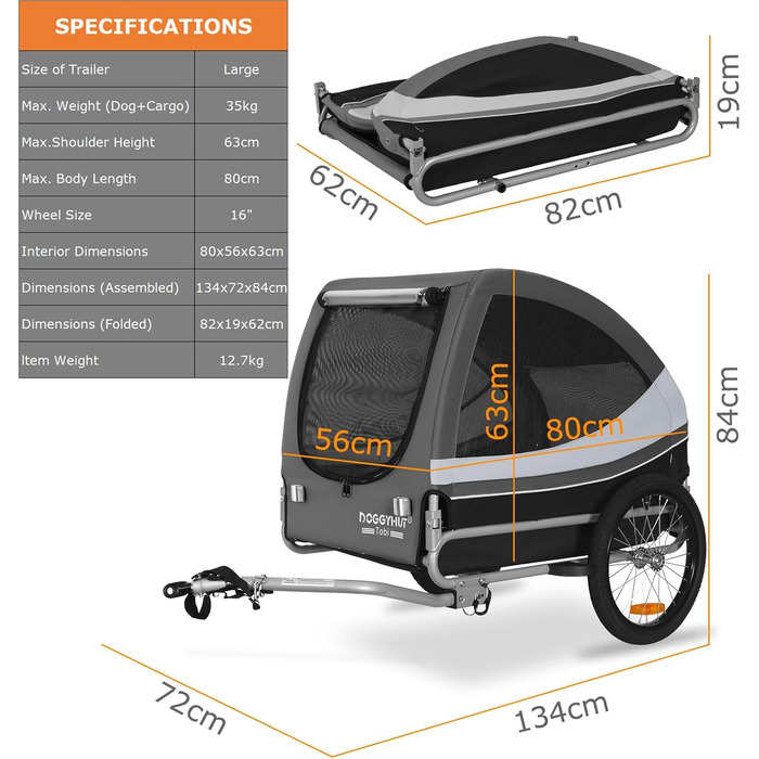 DOGGYHUT® Tobi - великий велопричіп для собак, 35 кг, сірий