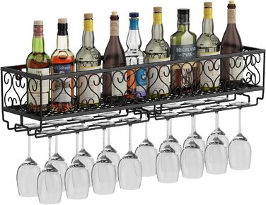 W-612 Metallic Black Wall-Mounted Wine & Champagne Glass Goblets Stemware Rack Holder, 80 x 20 cm Capacity up to 18 Bottles of Wine and 18 Glasses