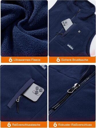 UNBON Гріюча жилетка з флісу, чоловіча жилетка з підігрівом, жилетка з Powerbank 10000mAh USB, 3 режими нагріву, 6 зон нагріву (XXL, Синій)