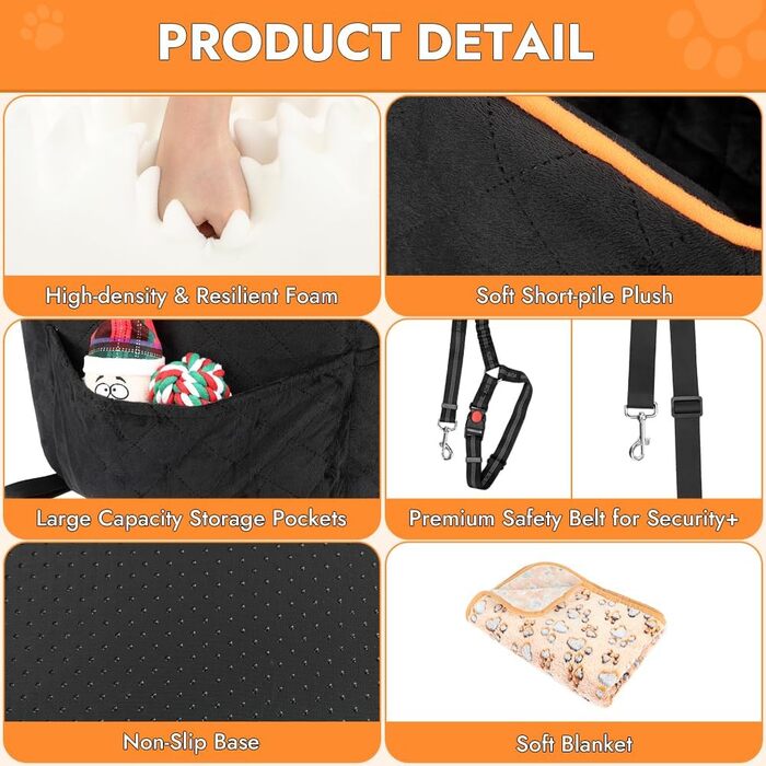 Memory Foam Dog Car Seat for Small Dogs (Under 11kg) - Elevated Design with Storage Pockets