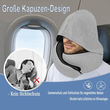 Подушка для шиї з регульованою капюшоном та 360° підтримкою шиї | Ергономічна подушка з піною з пам'яті для подорожей (літак, авто) | З чохлом для подорожей та берушами | Дихаюча та пральна (світло-сіра)