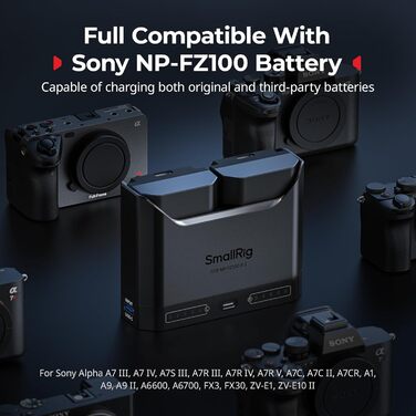 Зарядний пристрій SMALLRIG для акумуляторів Sony NP-FZ100 з двома USB-C портами, 22.5W, сумісний з Sony Alpha A7III, A7IV, A6700, FX3, FX30, A9, A7C, A7CII, A7RIII, ZV-E1, ZV-E10II