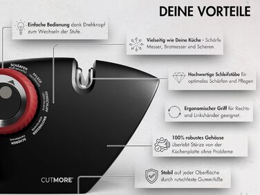 CUTMORE® Точилка для ножів Diamant - оригінальна 5-в-1 для ножів, ножиць та хлібних ножів - професійний кут прецизії, неслизька, проста у використанні, ефективна - відома у спільноті Hobbykoch OneSharp