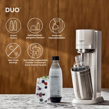 SodaStream Duo: Газова вода вдома. Комплект з CO2 балончиком, 2 скляні та 2 пластикові пляшки, білий, 44 см. Сімейний набір