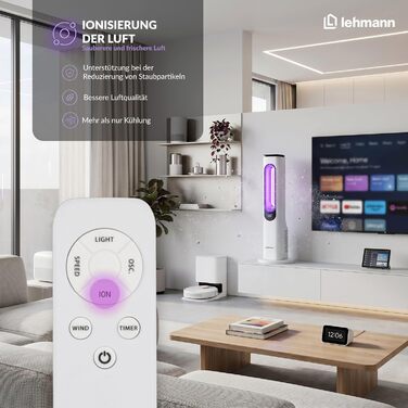 Вентилятор баштовий LEHMANN з пультом ДУ та LED-дисплеєм, тихий, нічний режим, таймер 15 год, 3 кольори світла, 3 режими, 3 швидкості, без лопатей