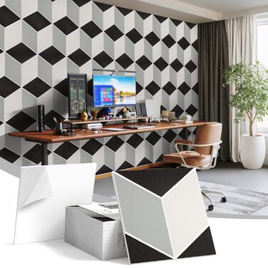 Акустичні панелі JBER для стін самоклеючі, шумопоглинаючі 3D-панелі для студії, офісу та дому, гексагональні (12 шт), 30×30×1 см, чорно-білі