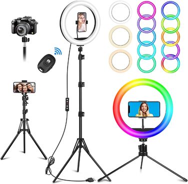 Рінг-лайт 10 дюймів з триподом для телефону, 32 режими RGB, регульована яскравість, для селфі, YouTube, TikTok, макіяжу та фотографії