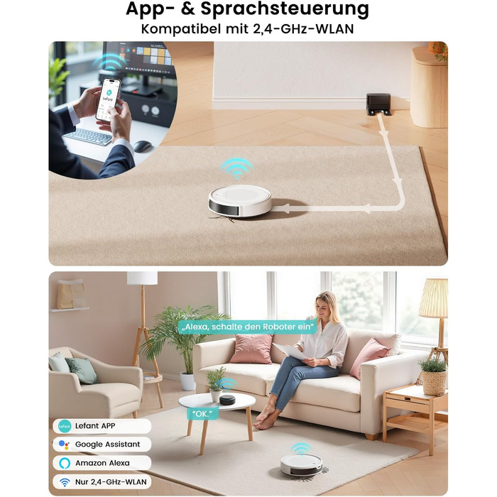Робот-пилосос LEFANT M310 Ultra: потужність 6000Pa, вологе прибирання, лазерна навігація, керування через додаток та Alexa, захист від заплутування шерсті, білий