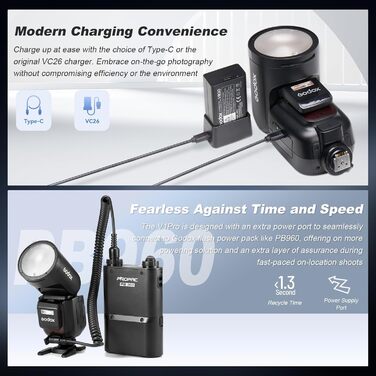 Godox V1PRO-F: Професійний спалах для камер Fujifilm з Li-ion батареєю, 76Ws, HSS 1/8000s, бездротовий зв'язок 2.4G, TTL