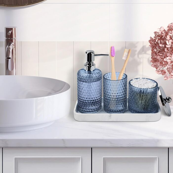 Набір аксесуарів для ванної кімнати, 4 шт., янтарне скло, органайзер для полиці, дозатор мила, тримач для зубних щіток, контейнер для ватних паличок, піднос з малюнком блакитного та білого мармуру