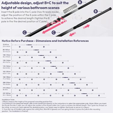 Регульована поличка для душу SWTYMIKI з нержавіючої сталі, 4 яруси, з мильницею, тримачем для зубних щіток та 4 гачками, 70-275 см, чорний (без свердління)