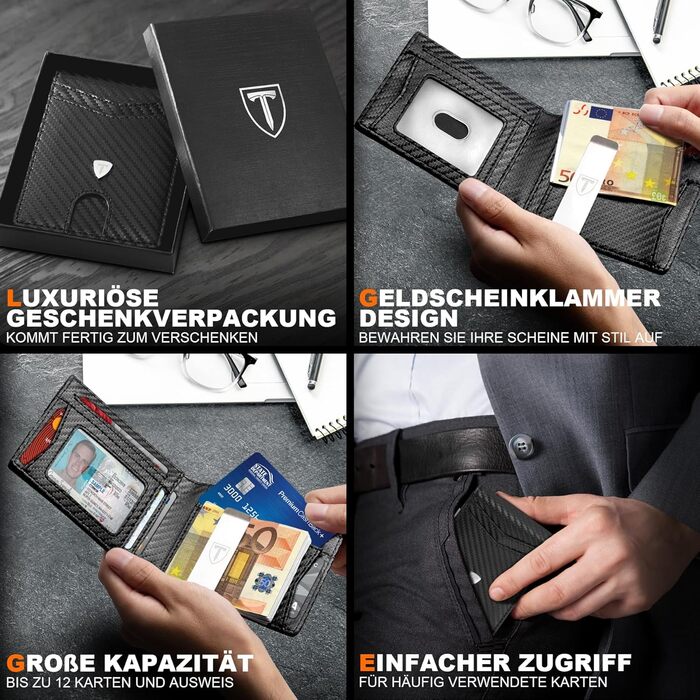 Чоловічий тонкий гаманець RFID захистом з карбонової шкіри, Portmonee з 11 відділеннями для карток, віконцем для ID, відділенням для грошей, мінімалістичний гаманець з подарунковою коробкою - Чорний