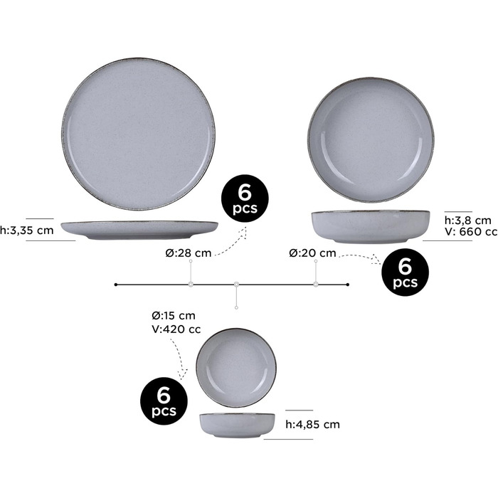 Сервіз посуду Kutahya Porselen 12-ти частинний на 4 особи – Сучасний порцеляновий сервіз Pearl Grey (18 частин)