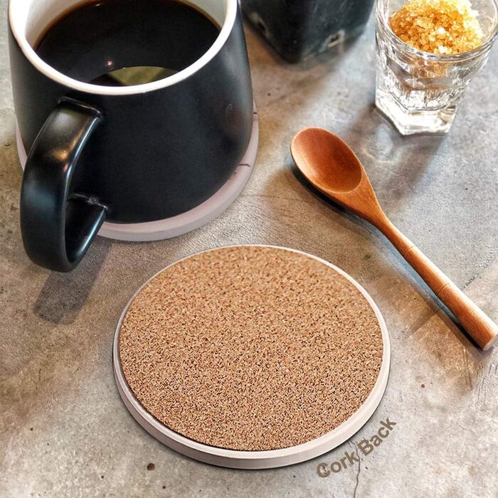 Coasters for Drinks, Absorbent Ceramic Stone Coasters Set with Metal Holder Stand, Cork Base, Marble Surface Pattern, Cup Placemats for Home Decor, Set of 6 - White