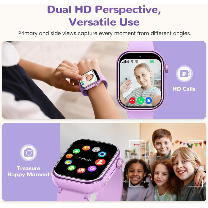 Дитячий розумний годинник зі GPS та телефоном, IP68, відеодзвінки, SOS, режим навчання, чат, SMS, ліхтарик, крокомір, будильник, годинник для дівчаток та хлопчиків, фіолетовий
