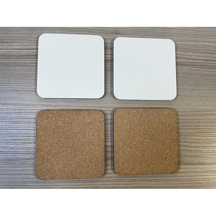 MDF coaster, blank, cork base, 9 x 9 cm, white, blank, square, 50 pieces