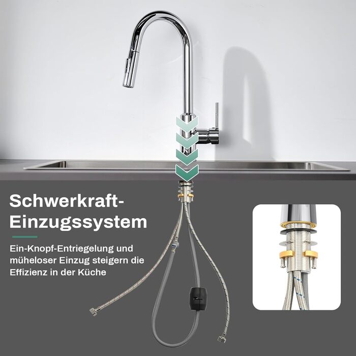 Змішувач кухонний з висувною лійкою та душем, 360° поворот, 2 режими, нержавіюча сталь (хром)