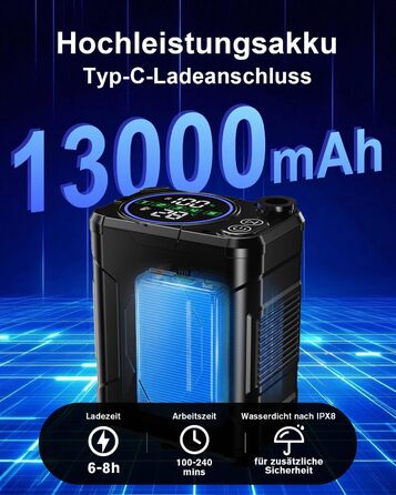 Портативний душ для кемпінгу Spopal 13000 mAh, водонепроникний IPX8, з цифровим дисплеєм та функцією паузи, для подорожей, піших прогулянок, миття авто (Чорний)