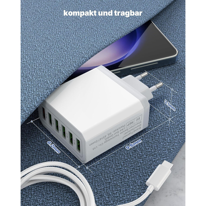 Зарядний пристрій USB 6-портовий, 33W, адаптер з QC 3.0, зарядний пристрій з декількома USB, мережевий адаптер для iPhone 16 15 14 13 12 11 Pro Max, iPad, смартфонів, білий