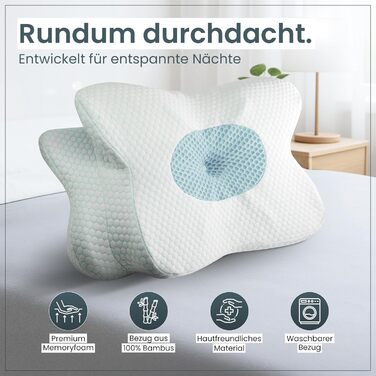 Ортопедична подушка для шиї при болях у шиї з високоякісної піни з пам'яті - Ергономічна подушка для шиї - Подушка для тих, хто спить на боці, на спині та на животі - знімний чохол, придатний для прання при 40°C (61 x 40 x 12, блакитна)