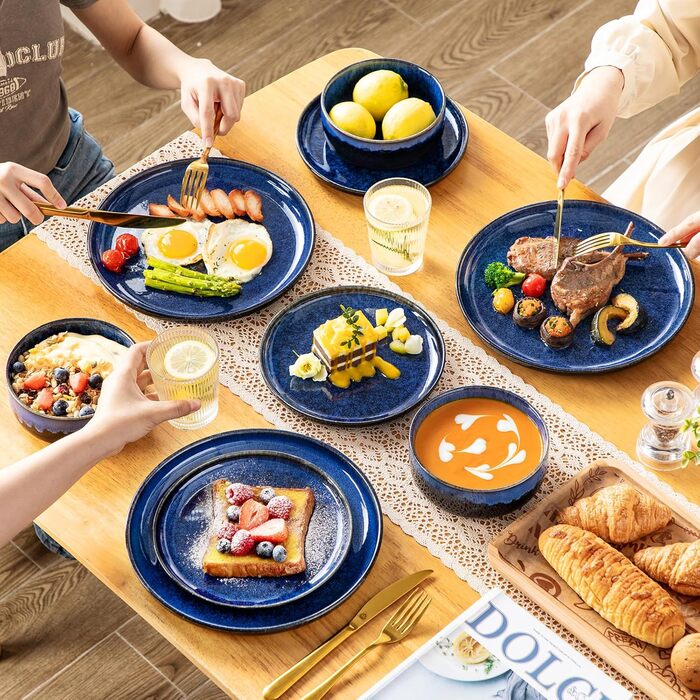 Vancasso Starry Blue 24-Piece Stoneware Dinnerware Set for 6 - Complete Tableware Set with Plates, Bowls & Serving Dishes