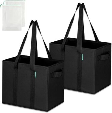 Large Folding Shopping Bags 3-Pack & Fruit Net – Sturdy Large Folding Shopping Basket with Reinforced Bottom – Ideal Shopping Bag for Shopping Carts & Trunk – 80 L (Black 2-Pack)