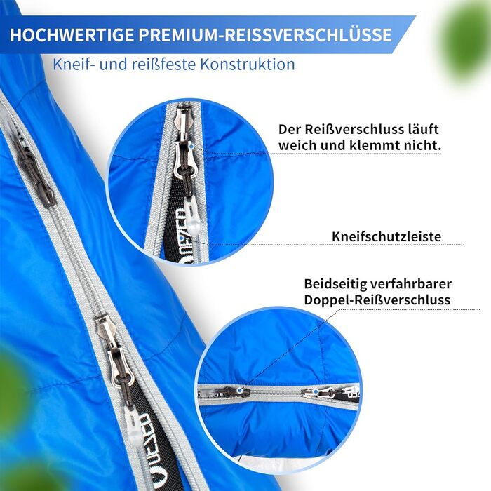 Сплячий мішок пуховий, 4-сезонний, зимовий -3°C до -20°C. Підходить для кемпінгу, походів та відпочинку на природі для дорослих та дітей. Колір: блакитний. Температурний режим: -3°C до -12°C