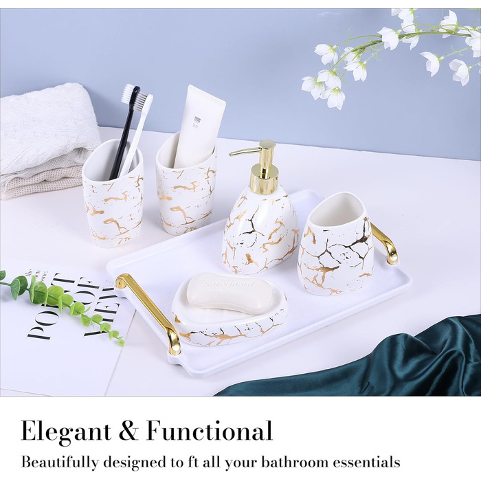 Bathroom Accessories Set, Gold Marble Look, Modern 6-Piece Bathroom Accessories Set, complete with soap dispenser, toothbrush holder, cup, tray, countertop (White Gold)