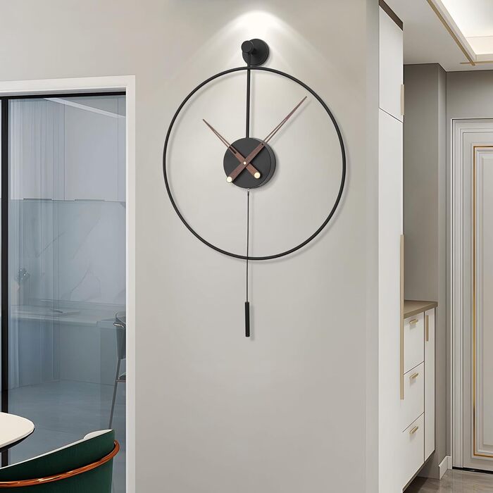 HAITANG Large Modern Living Room Clock, XXL Round Metal Wall Clock for Kitchen Office Bedroom, Vintage Wall Clocks, Battery Powered, Non-Ticking, Silent Movement, Home Decoration, 60 cm (60CM, Black with Pendulum)