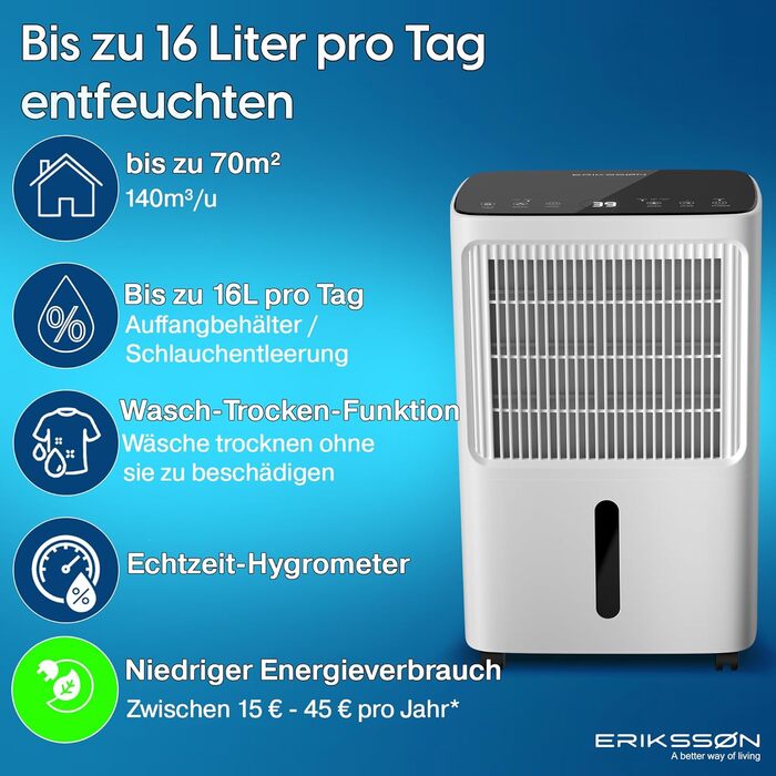 Зволожувач повітря Erikssøn з LED-дисплеєм, таймером та захистом для дітей | Видаляє 16л вологи на добу | Для приміщень до 140м³ (70м²) | Енергоефективний зволожувач повітря з датчиком вологості, білий