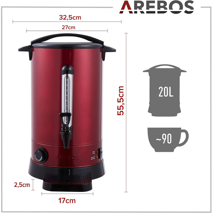 Arebos Hot Wine Heater 1650 W | Hot Beverage Dispenser | 20 L | with drip tray, tap, thermostat and overheat protection | Temperature setting from 30-110 °C (Red)