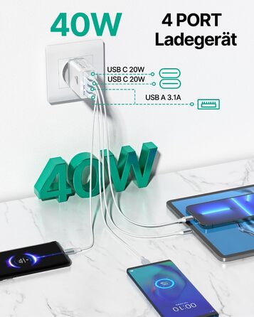 Подвійний зарядний пристрій USB-C Aioneus 40W з 4 портами PD+QC, багатопортовий адаптер живлення для iPhone 15, Samsung та інших смартфонів