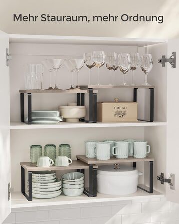 SONGMICS Spice Rack, 4-Piece Set, Kitchen Shelf, Kitchen Organizer, Expandable, Spice Holder, Stackable, with Metal Frame, 19.5 x 29.7 x 15.8 cm, Ink Black-Natural Beige KCS10NB (Ink Black + Greige Melange, 29.7B cm)