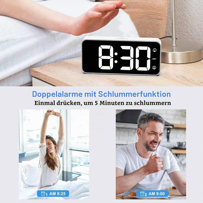 Цифровий LED будильник LATEC з 2 сигналами будильника, функцією Snooze, USB-портом для зарядки, регулюванням яскравості та гучності (90-120 дБ), 8 мелодій, формат 12/24г, мережевий, білий