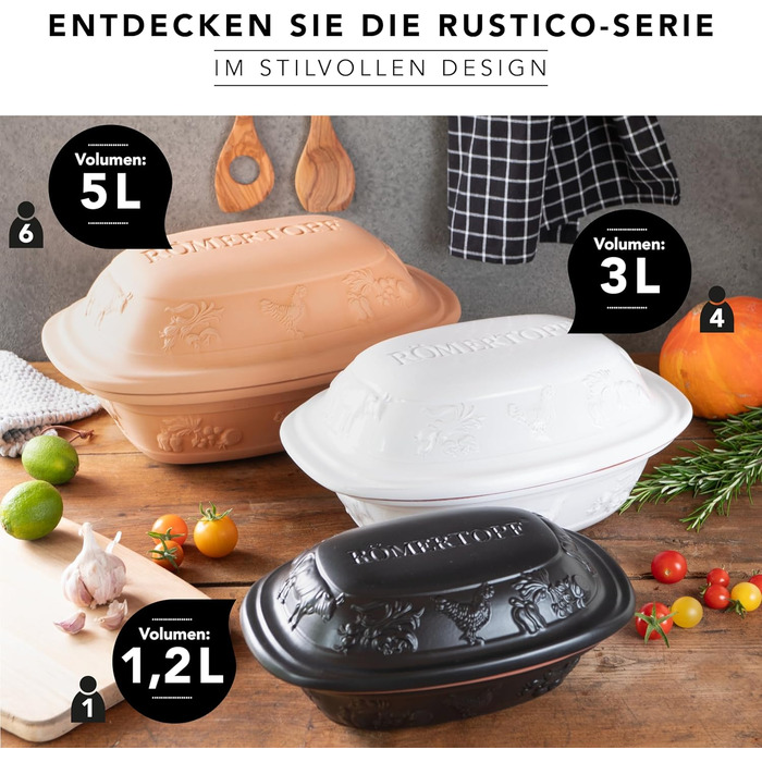 Керамічний жаровий горщик Römertopf RUSTICO 2.5 кг з пароваркою для соковитих натуральних страв, універсальний гусятник для сім'ї, легкий у догляді
