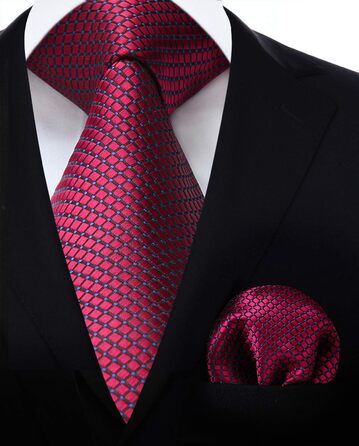 HISDERN Комплект краватки та нагрудного хустинки в клітинку для чоловіків, бургундський колір