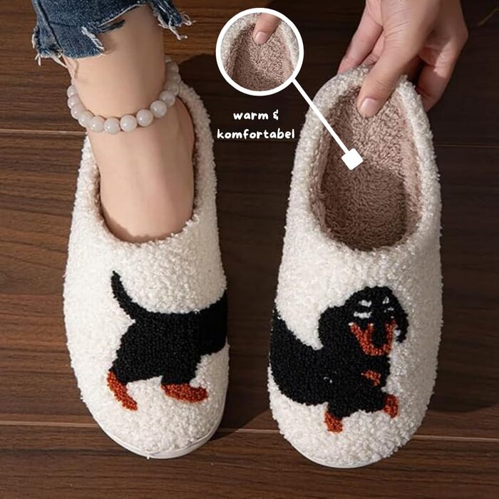 Тапочки для дому Дакель, жіночі пантофлі - пухнасті зимові тапочки, неслизькі домашні тапочки з плюшу для тепла та комфорту 36/37 EU, білі