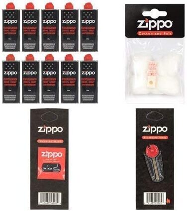 Заправка для запальничок ZIPPO набір: 10x оригінальний бензин 125 мл, стартовий комплект (6 кременів, гніт, вата, фетр)