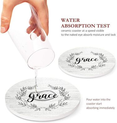 Britimes Drink Coasters, Set of 6, White Marble, Inspiring Love, Absorbent, Round, Ceramic Stone Mat, with Cork Base and Metal Holder, Gift for Housewarming, Bar, Decor (Retro 5)