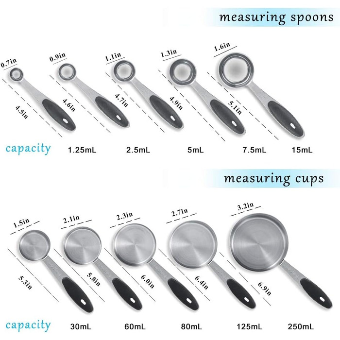 Stainless steel measuring cups and spoons, 10-piece set with storage rings, nesting teaspoons for measuring dry and liquid ingredients. Spoons
