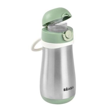 BÉABA Stainless Steel Kids' Water Bottle 2-in-1, Water Bottle/Glass Function, Push-Button for Easy Opening, Stable, Healthy, Detachable Handles, Stainless Steel Cold/Warm Insulation Function, 350ml, Old Pink (Pale Green - 350ml)