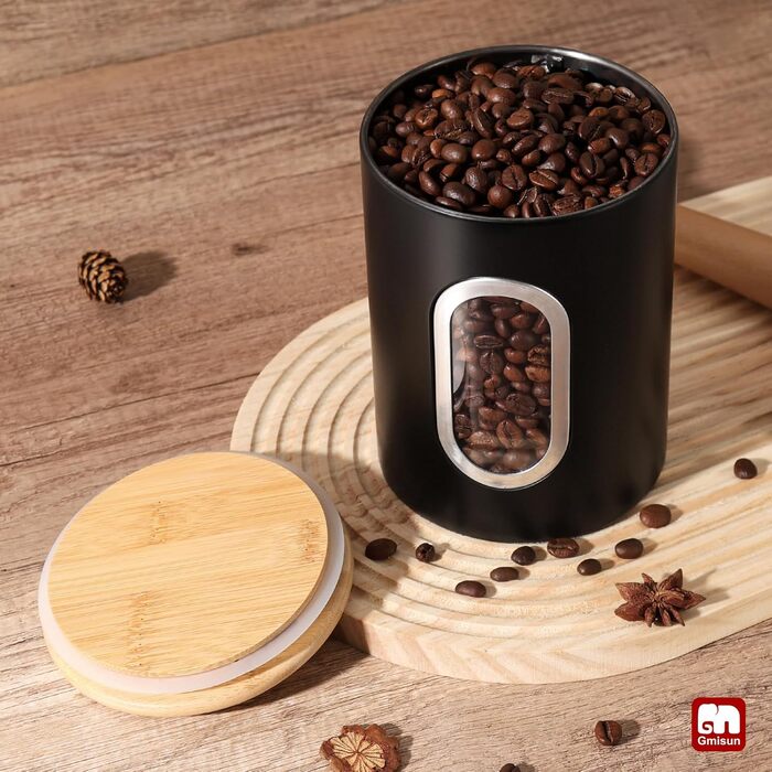 Герметична кавова банка Gmisun, 500г / 1,5л: для кавових зерен, меленої кави, капсул та паді, чорного кольору