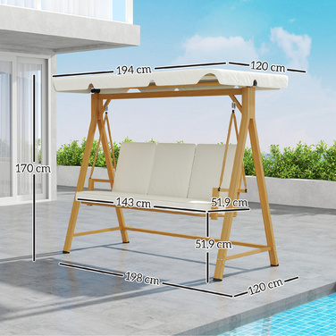Outsunny Hollywood Swing with Adjustable Sun Canopy and Seat Cushion, Wood-Look 3-Seater Garden Swing, Load Capacity up to 330kg, Swing Bench for Garden, Terrace 198 x 120 x 170cm, Beige | Aosom
