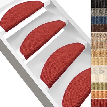 Ступінчасті килимки для сходів Floordirekt з сизалю, 15 шт., напівкруглі, для дерев'яних сходів, антиковзаючі, самоклеючі, гіпоалергенні (64 x 23,5 см, червоні)