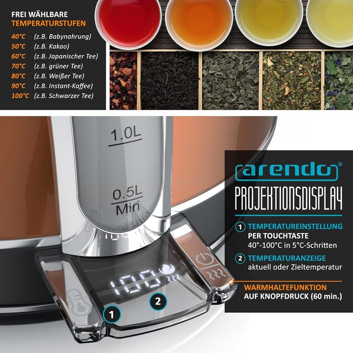 Електричний чайник Arendo з регулюванням температури, LED дисплеєм та сенсорною панеллю. Ретро-дизайн, об'єм 1,7 л, функція підтримки тепла, вимірювання, змінний фільтр від накипу. Матеріал: нержавіюча сталь, колір: мідний.