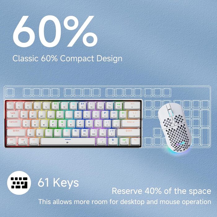 KEMOVE K61SE - Механічна ігрова клавіатура: 61 клавіша, Red Switch, RGB, Anti-Ghosting, US-Layout, для PC, білий корпус