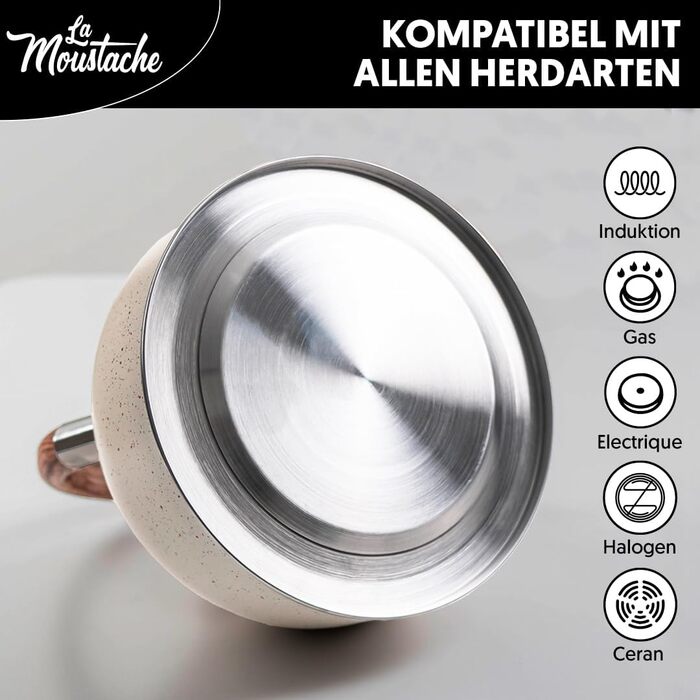 Чайник La Moustache Induktion: 2,5 л, 10 чашок, з нержавіючої сталі, з термостійким ручками та кришкою, для всіх плит (Бежевий)