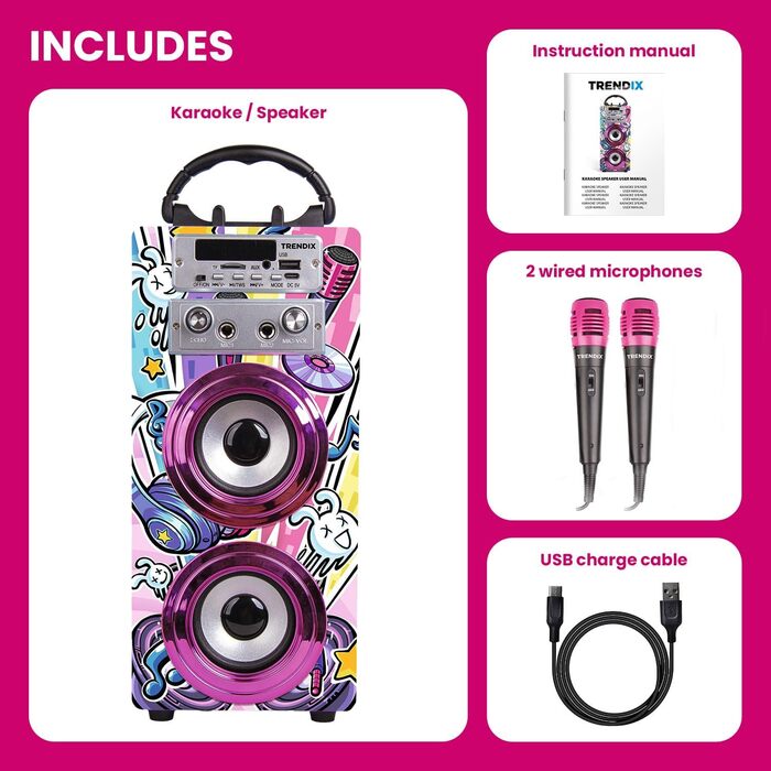 Караоке машина Trendix для дітей Party Edition Рожева з 2 мікрофонами, USB, Bluetooth, FM-радіо та SD-картою | Дитяча музична колонка з мікрофоном | Подарунок