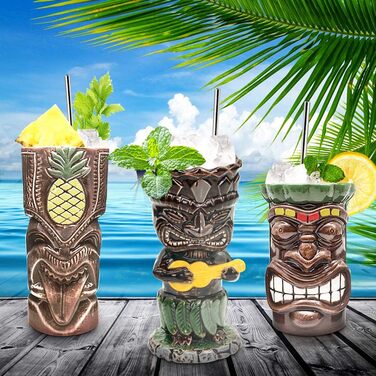 Tiki Toss Set, Hawaiian Party Ceramic Cups, for Cocktails, High-Quality Cup Set with 4 Cups for Exotic Parties - TJB02