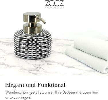 ZCCZ Bathroom Set – 4-Piece Organizer Set with Toothbrush Holder, Soap Dispenser, Cosmetic Bowl, and Cotton Swab Holder – Elegant Stone-Look Decoration, for Modern Bathrooms (Black/White)